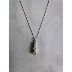 Vertical Bar Pendant 3 Simulated Diamond Sterling Silver Necklace W. Gold Plated